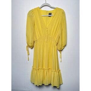 Taylor Yellow Chiffon V-Neck Smocked Waist Puff Sleeve Ruffle Hem Dress Size 8